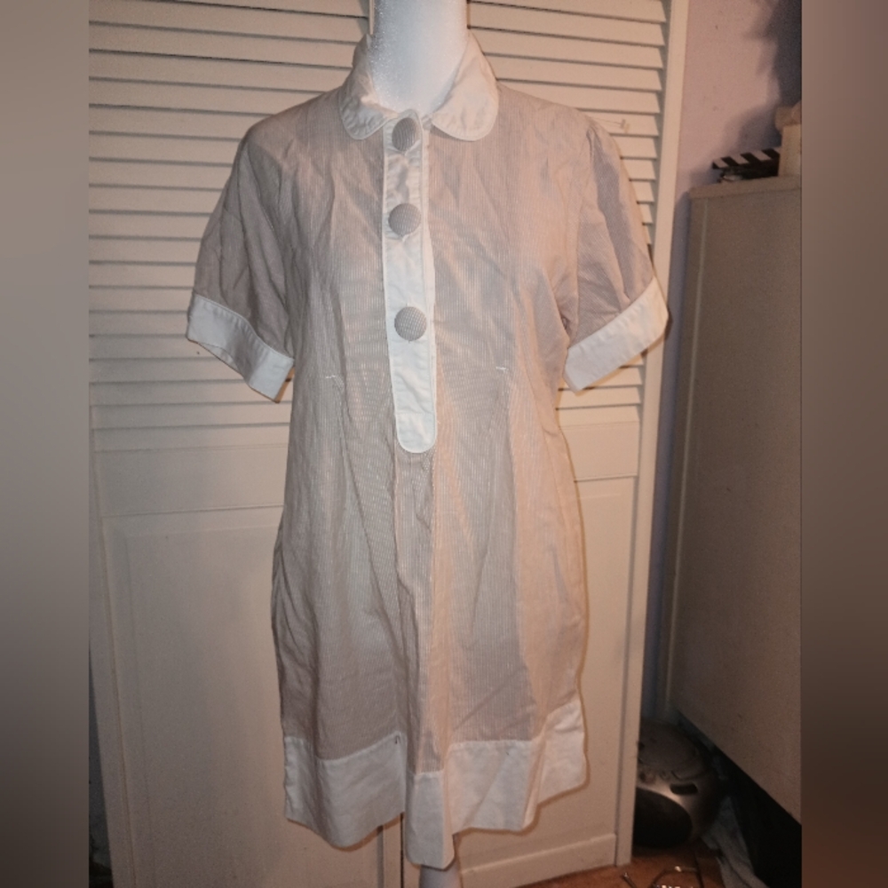 Ekyog Tan White Pin Striped Tunic Size 8 (US)